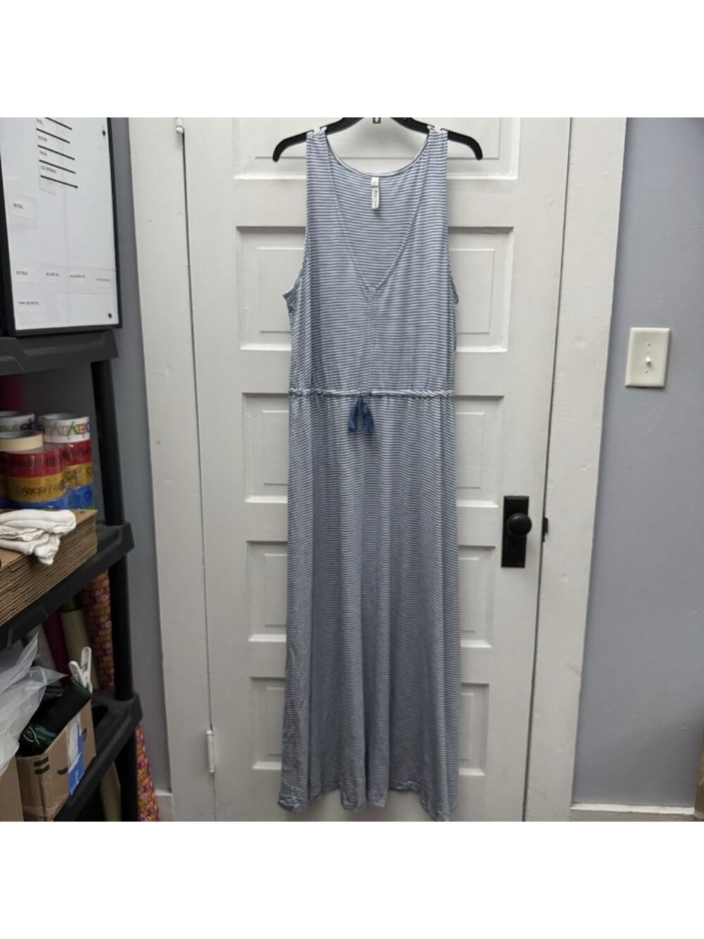 Belle Isle Plus Size 2X Blue White Striped Maxi Dress Tassel Waist Soft